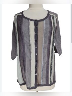J. Jill Gray Blue Striped Knit Cardigan Sweater Womens Wool Mohair Blend LP